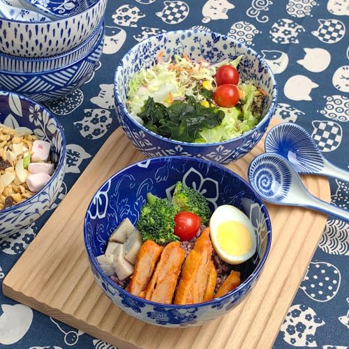 28Oz Ceramic Soup Ramen Bowl Set of 6 with Spoon Gift Box (6in-Floral & Striped-6)