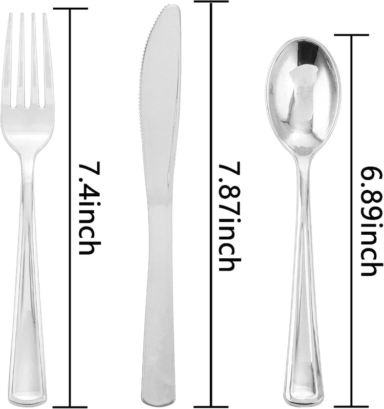 Liacere 200Pcs Silver Plastic Cutlery-Silver Plastic Silverware- Disposable Plastic Silverware - 100 Silver Forks, 50 Silver Spoons, 50 Silver Knives Perfect for Wedding&Valentine's Day