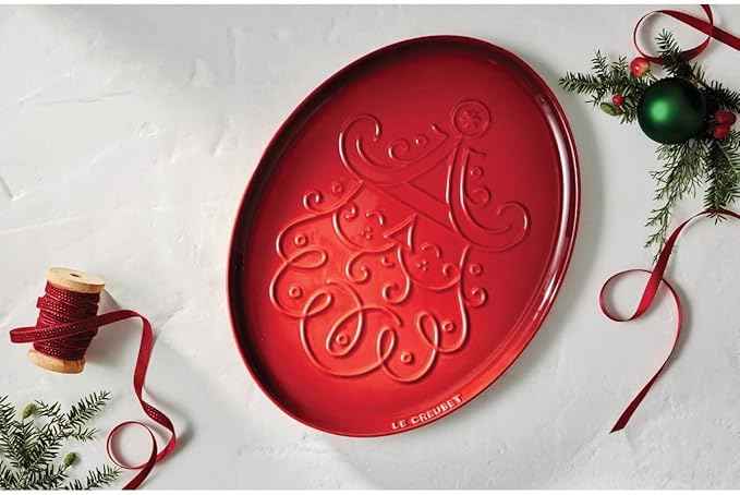 Le Creuset Stoneware Noel Collection: Oval Santa Cookie Platter, 14 oz., Cerise w/Embossed Design