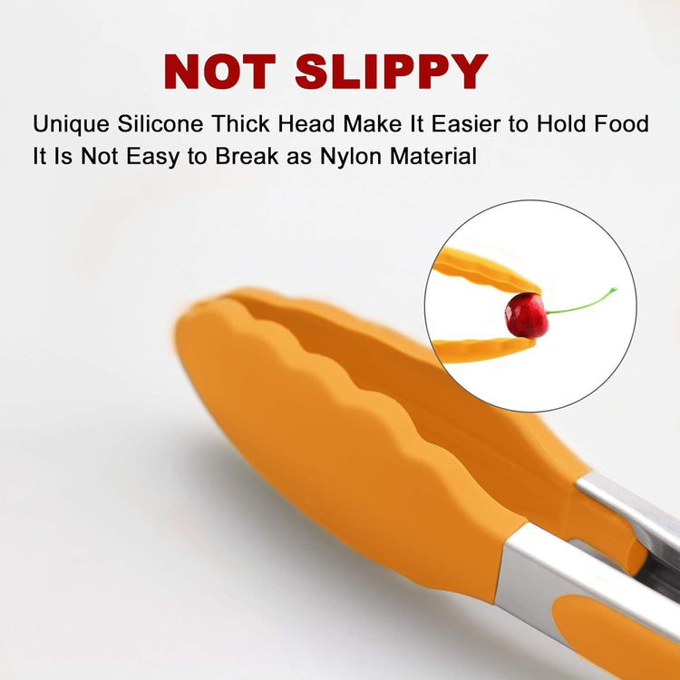 9-Inch & 12-Inch Premium Stainless Steel Food Tongs, Orange Silicone BPA Free Non-Stick BBQ Cooking Grilling Locking Kitchen Tong