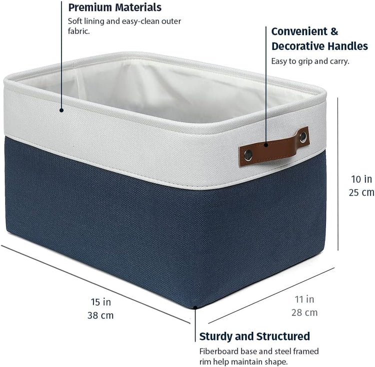 OrganiHaus Large Fabric Storage Bins for Shelves 3 Pack, 15x11in Closet Storage Bins for Shelves, Cloth Baskets & Closet Organizers, Fabric Basket, Navy Blue/White