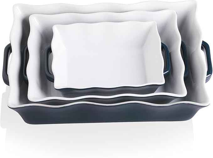 Sweejar Casserole Dishes for Oven, Ceramic Bakeware Set of 3, Rectangular Baking dish with Handles, Wave Edge Lasagna Pan Deep for Cooking, Cake, Dinner, Banquet and Daily Use (Navy)