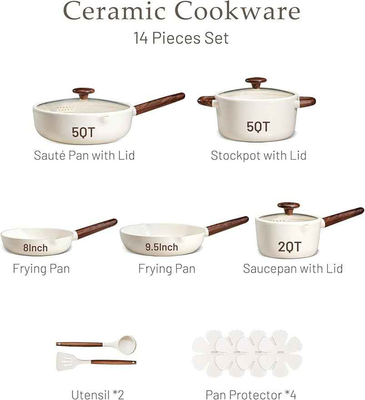 CAROTE Ceramic Cookware Sets, Pots and Pans Set Non stick, Non Toxic Healthy Induction Cookware, 14 Pcs Nonstick Kitchen Pots and Pans Set, PFAS PTFE Free, Dishwasher Safe