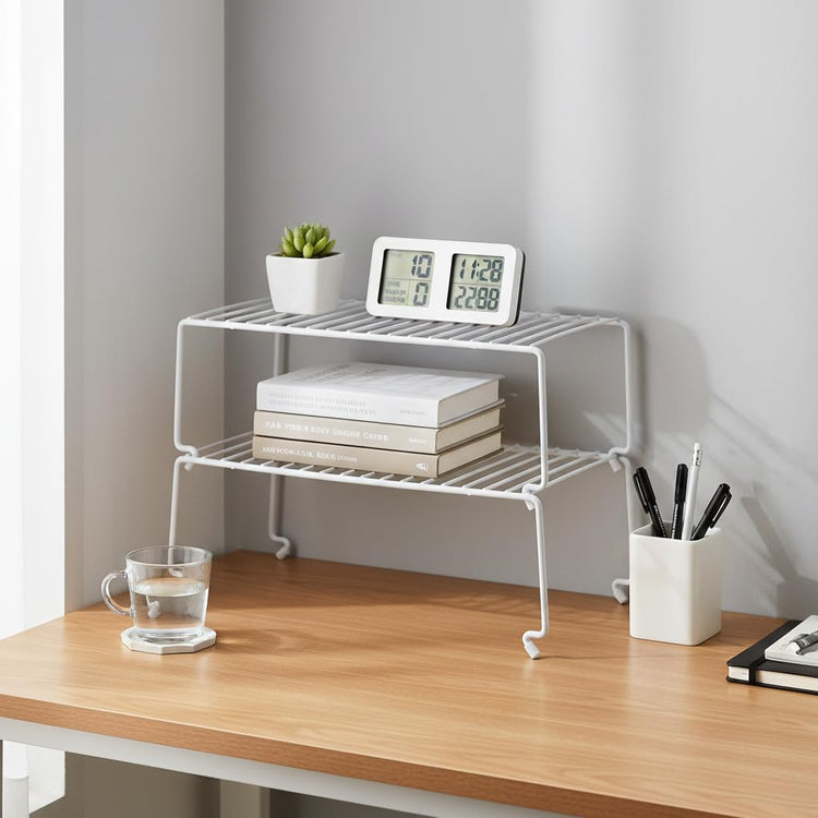 6-Pack Large (15.7x8.54inch) Multi-Level Organizer Rack, Kitchen Shelves for Spice Organization for Cabinet, Pantry Organizers and Storage, Wire Extra Shelf, Desk Organizer, Stackable, White (6 Count)