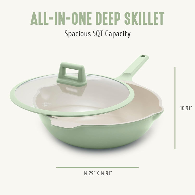 GreenLife Nonstick 12” (5QT) All in One Deep Skillet Wok with Lid, PFAS-Free Non-Toxic Ceramic Multi-Purpose Pan, Induction, All Stovetop, Egg, Stir Fry, Saute, Stay Cool Handle, Sage Green