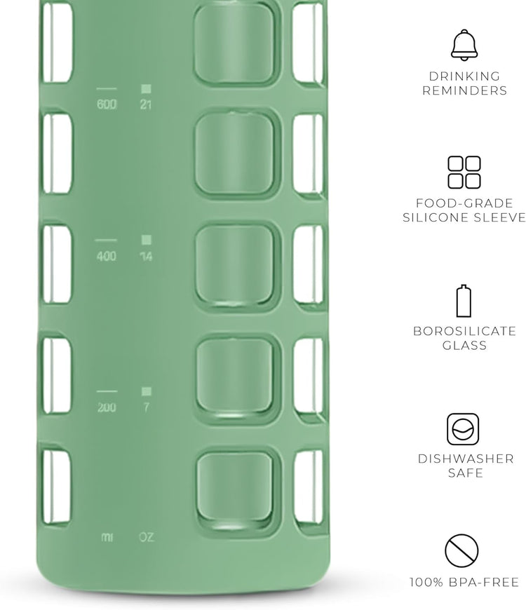 purifyou 40oz / 32oz / 22oz / 12oz Borosilicate Glass Water Bottle with Time & Volume Markers, Silicone Sleeve, Stainless Steel Lid – Reusable Glass Bottle for Water & Juice (32oz Shale Green)