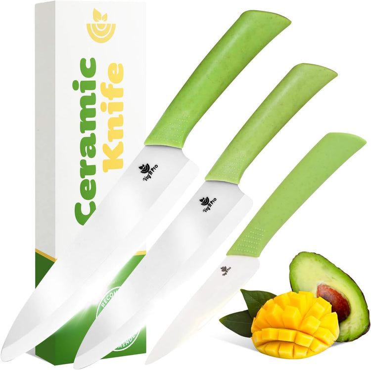 Ceramic Knife Set with Ergonomic Handle, Non-Reactive and Professional Chopping Knife Featuring Sharp, Santoku Blades for Cutting Vegetables & Fruits, Ceramic Kitchen Knives Set of 3 - 6”, 4”, 8”