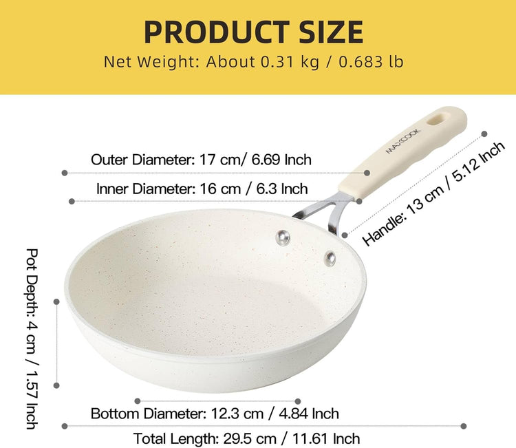 Mini Nonstick Egg Pan, 6.3 Inch Omelet Pan, Small Single Serve Egg Nonstick Skillet, Medical Stone Coating Cookware with Heat-Resistant Handle (16 cm, White)