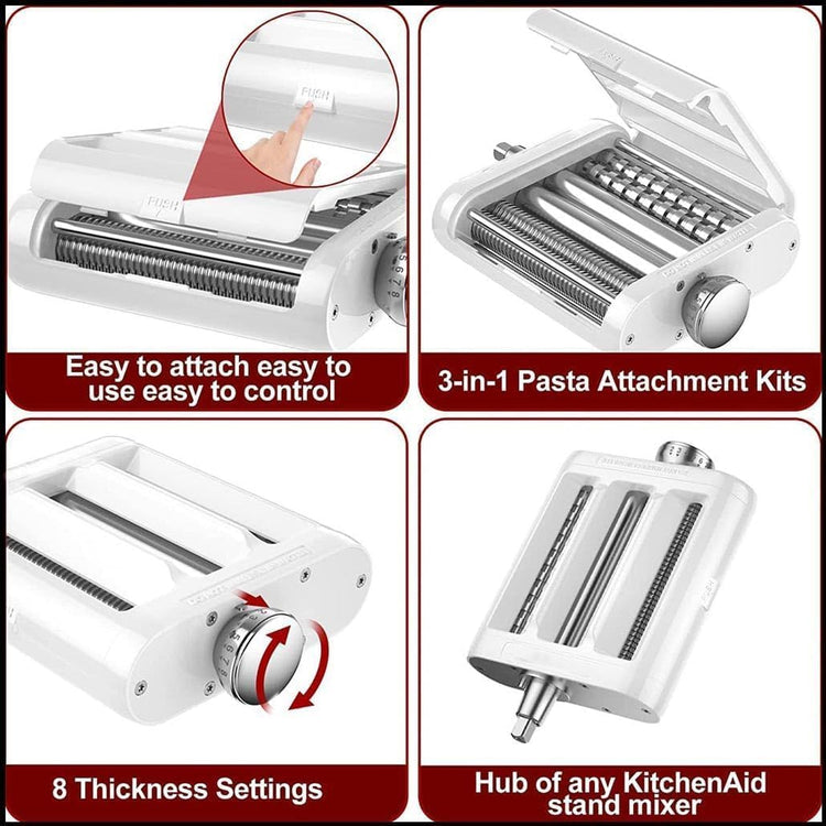 Pasta Maker Accessories Mixers 3 in 1 Set for KitchenAid Stand Mixer Attachments Include Pasta Roller, Spaghetti,Fettuccine Cutter, 8 Adjustable Thickness Settings,Pasta Maker Attachment