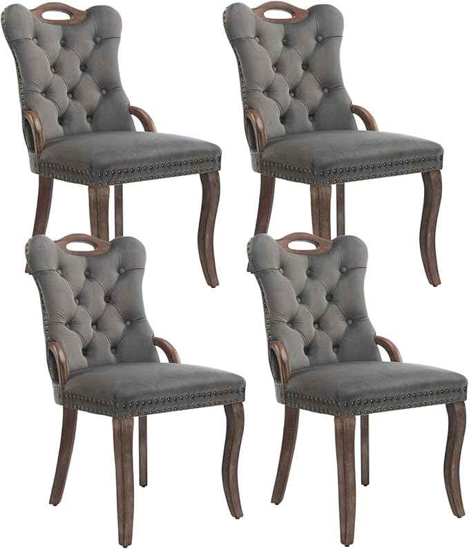 Grey Velvet Dining Chairs Set of 4,Modern Upholstered Dining Room Chairs with Tufted Back and Wood Accents, Curved Solid Wood Legs & Nailhead Trim, Sillas De Comedor Modernas 4