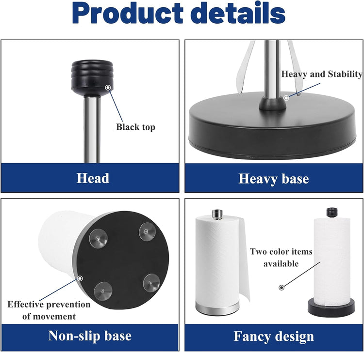 Stainless Steel Black Paper Towel Holder Designed for Easy One-Handed Operation - This Sturdy Weighted Paper Towel Dispenser Countertop Model Has Suction Cups and Holds All Paper Towel Rolls (Black)