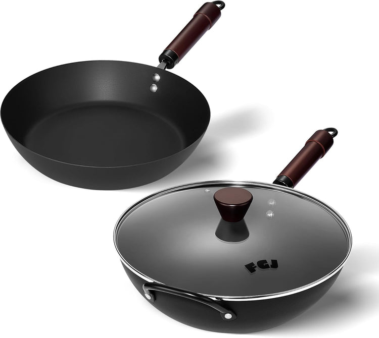 13 Inch Wok with Lid and 12 Inch Sikllet, Carbon Steel Cookware Set, Carbon Steel Woks &Stir-fry Pans Nonstick and Frying Pan, Pre-Seasoned 5.8QT Flat Bottom Chinese Wok, Compatible with All Cooktops