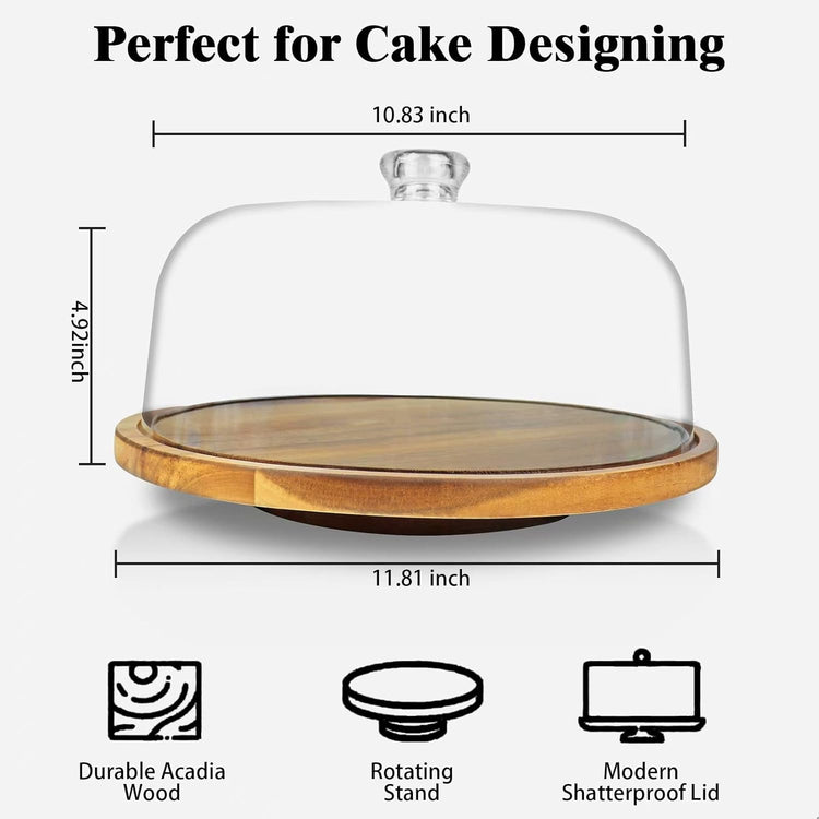 cutesun Wood Cake Stand with Lid, 12in Acacia Wood Cake Plate with Cover, Wooden Cake Display Stand with Acrylic Dome, Cake Holder Tray for Wedding Gift,Kitchen,Birthday,Parties,Baking Gifts