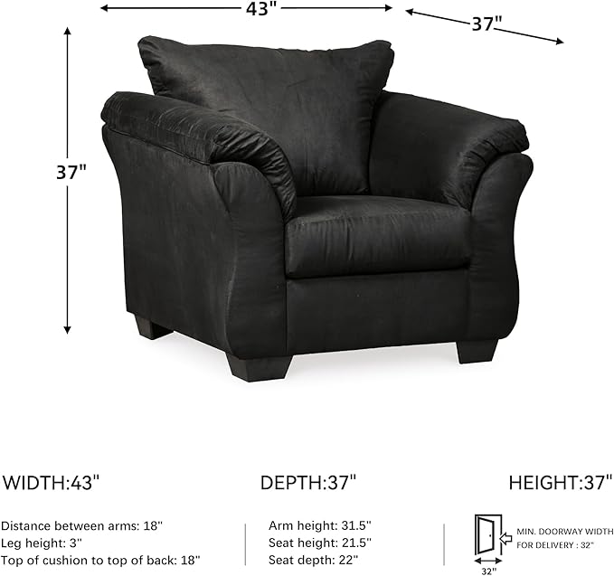 Signature Design by Ashley Darcy Casual Plush Chair, Pillow Top Armrests, Contemporary Style, Loose Seat Cushions, Soft Fabric Upholstery, Flared Arms, Black