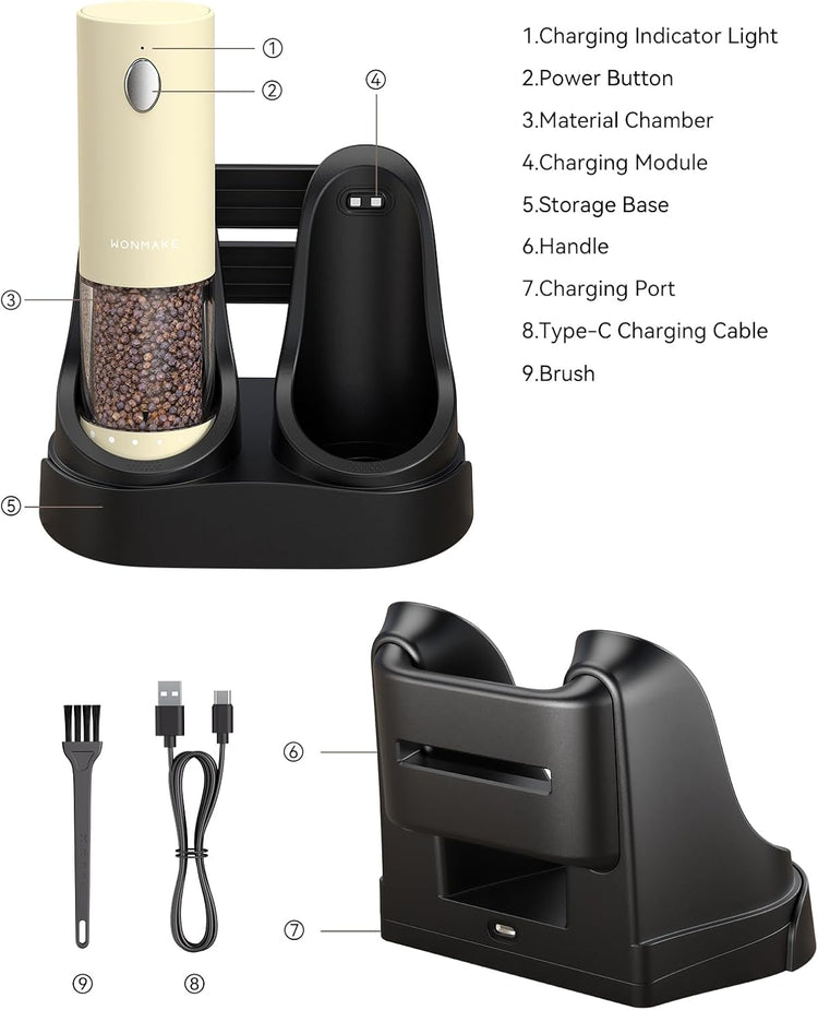Electric Salt and Pepper Grinder Set - Automatic Refillable Salt and Pepper Grinders with Charging Base & LED Light, 6-Level Adjustable Coarseness with External Dial, Ideal Kitchen Gadget๏ผBeige