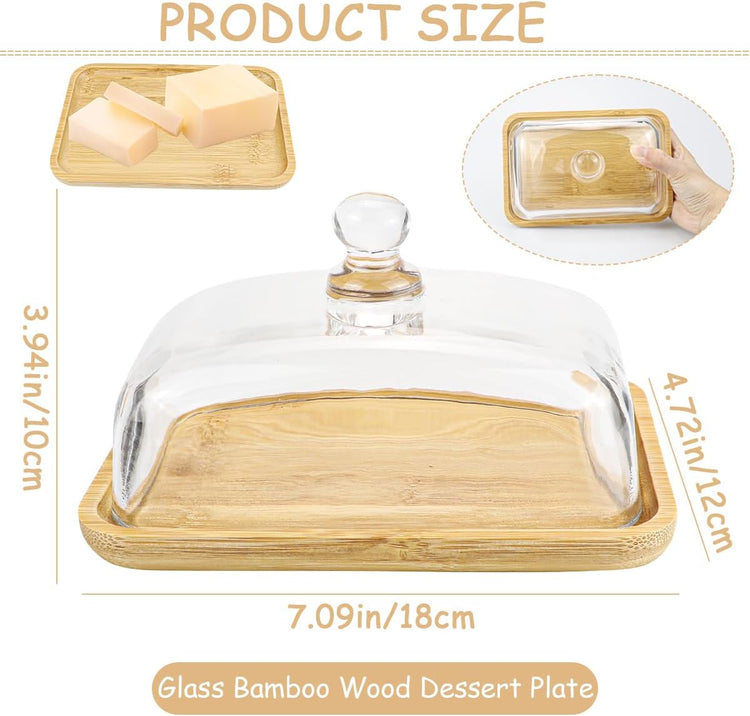 Crystal Clear Glass Butter Dish with Lid Butter Holder Container for Butter, Cream Cheese, and Dessert Cake(Bamboo)