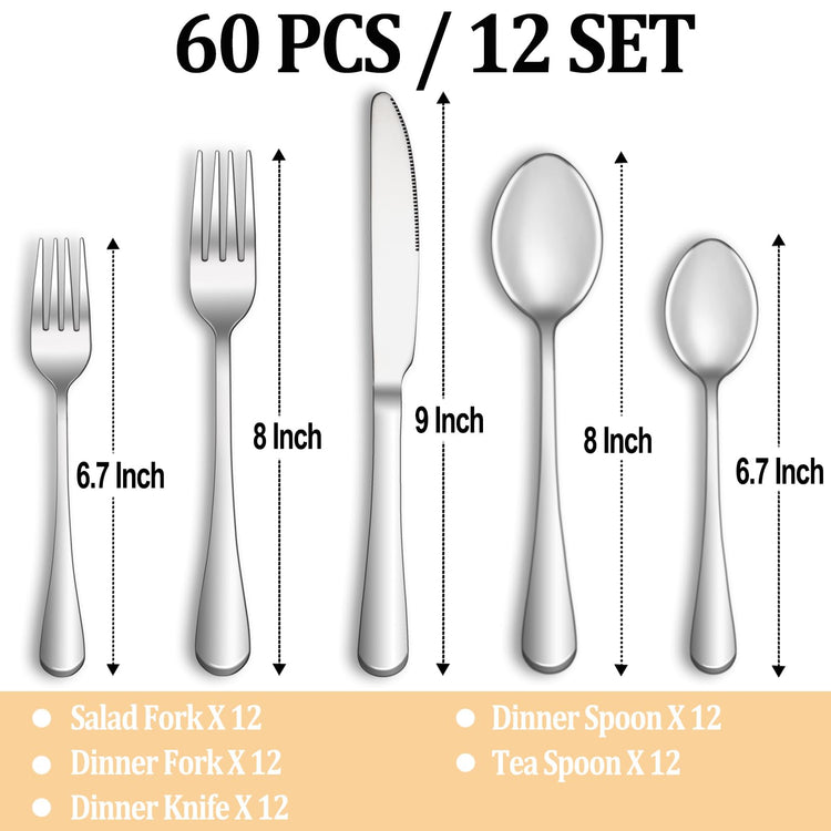 60 Piece Silverware Set Service for 12 (60 Count)