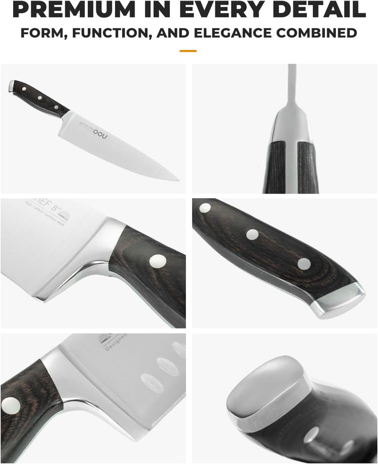 OOU 15-Piece Kitchen Knife Set with Block, German Stainless Steel Knife Blcok Set with Sharpening Rod, Ergonomic Wood Handle, Premium Cutlery Set with Steak Knives