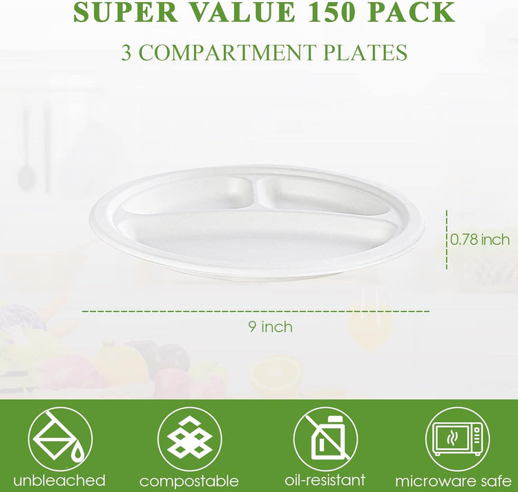 Vplus 100% Compostable Paper Plates, 150 Pack 9 Inch 3 Compartment Plates Disposable, Heavy Duty Biodegradable Plates Made of Sugar Cane Fibers, for Daily meals, Dinner, Parties, BBQ