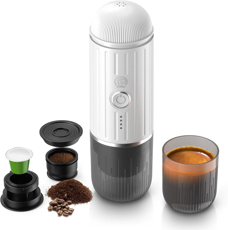 Rich Crema Portable Electric Espresso Coffee Maker, Fast self-heating 2 IN 1 Extraction System Espresso Machine, Support Ground Coffee and NS capsule, for Travel、Car、Hiking、Climbing(White)
