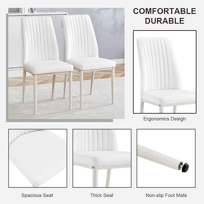 Modern Dining Chairs Set - 4 PU Leather Armless Chairs with Metal Legs for Dinner Room, Office, Waiting Room (Set of 4, All-White)