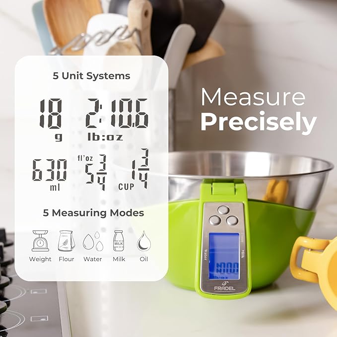 Fradel Digital Kitchen Food Scale with Bowl - 11lb, Grams & Ounces - Removable, Dishwasher-Safe Mixing Bowl - Green