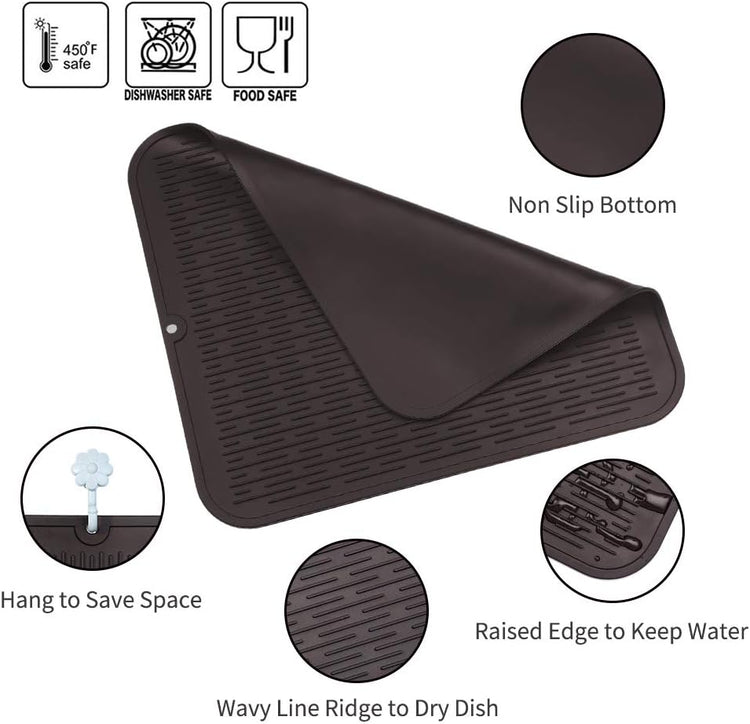 Silicone Dish Drying Mat for Multiple Usage,Easy clean,Eco-friendly,Heat-resistant Silicone Mat for Kitchen Counter or Sink,Refrigerator or Drawer Liner Coffee XL 18 inches x 16 inches