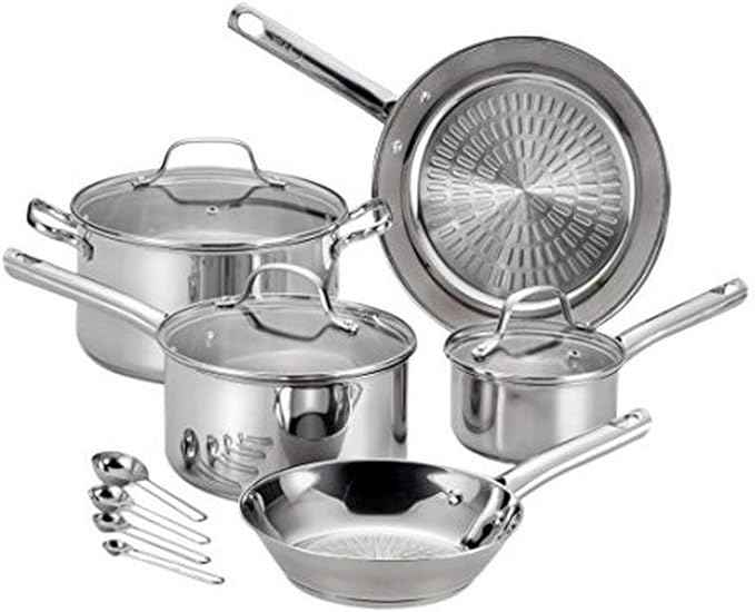 T-fal Performa Stainless Steel Cookware Set 12 Piece Induction Oven Broiler Safe 500F Pots and Pans, Dishwasher Safe Silver