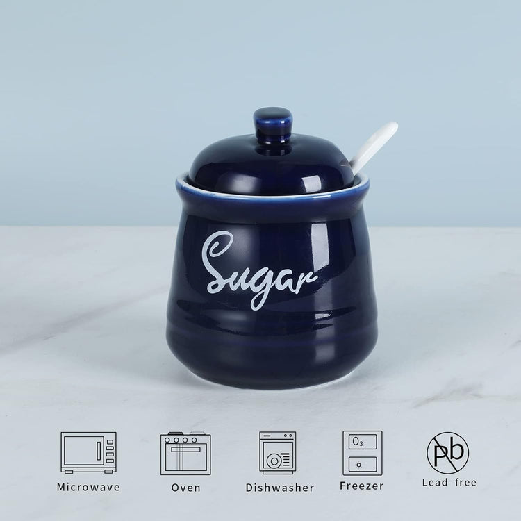 HAOTOP Farmhouse Porcelain Sugar Bowl with Lid and Spoon 12oz,Easy to Clean (Navy)
