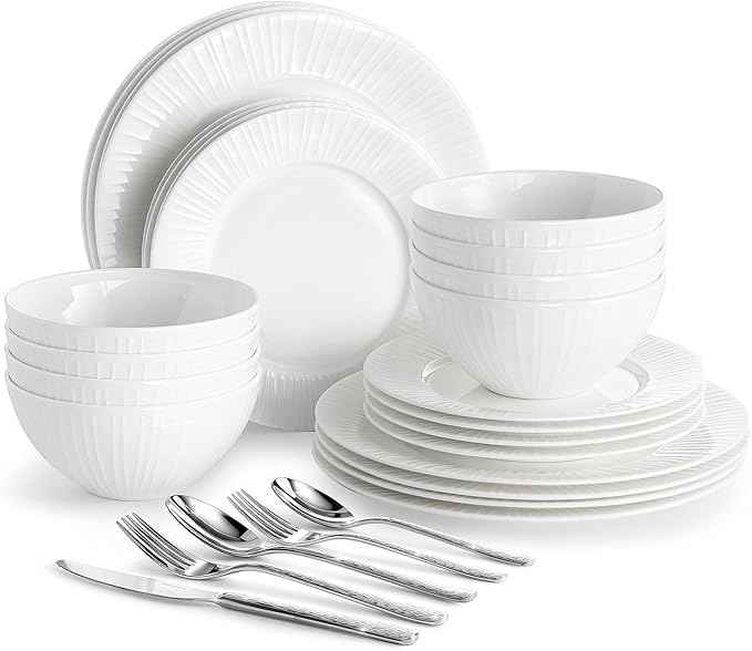 KINGSTONE 24-Piece Bone China Dinnerware Set with 40-Piece flatware, White Lightweight Porcelain Service for 8, for Family Dining, Restaurants, Gifting,Microwave and Dishwasher Safe
