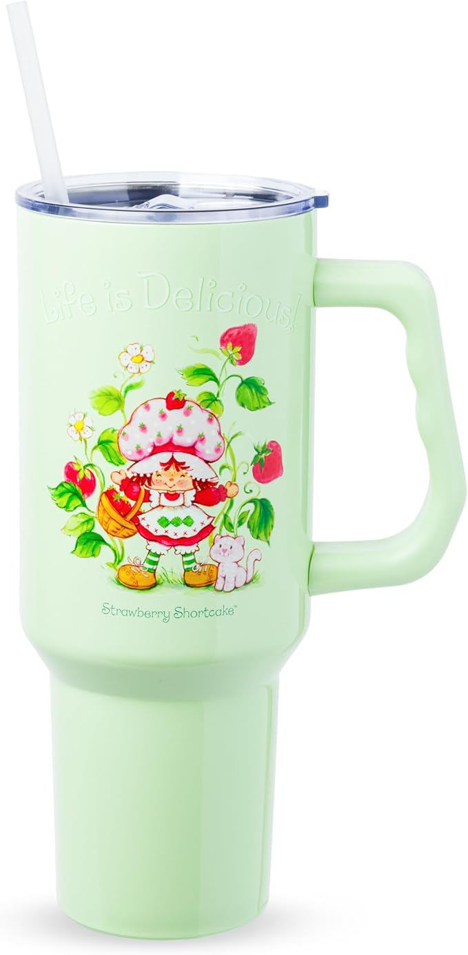 Silver Buffalo Strawberry Shortcake and Custard “Life is Delicious!” Double Walled Stainless Steel Tumbler with Handle, Fits in Standard Cup Holder, 40 Ounces