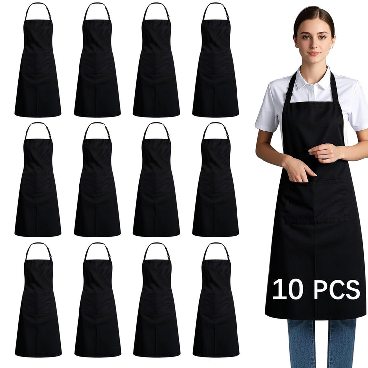 Bib Apron Unisex Black Aprons 2 Pockets Cooking Kitchen Apron for Chef (10 Count)