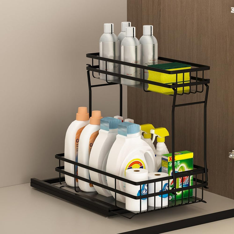 1 Pack Under Sink Organizers and Storage, 2 Tier Pull Out Cabinet Organizer, Metal Sliding Drawer Storage for Kitchen Bathroom,Black