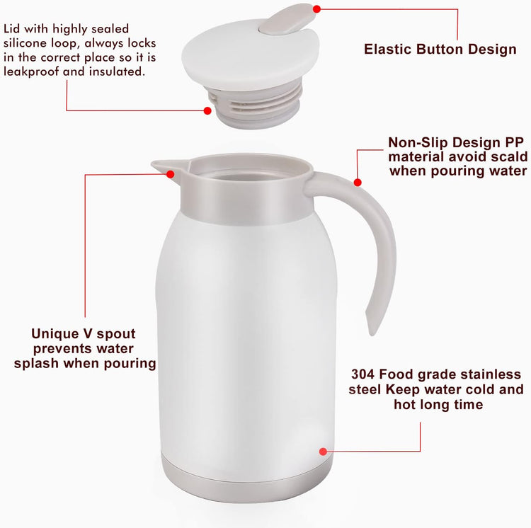 Stainless Steel Thermal Coffee Carafe Dispenser, 40oz Unbreakable Double Wall Vacuum Flask Large Capacity 1.2L Water Tea Pot Beverage Pitcher for Summer Cold Iced Coffee(White)