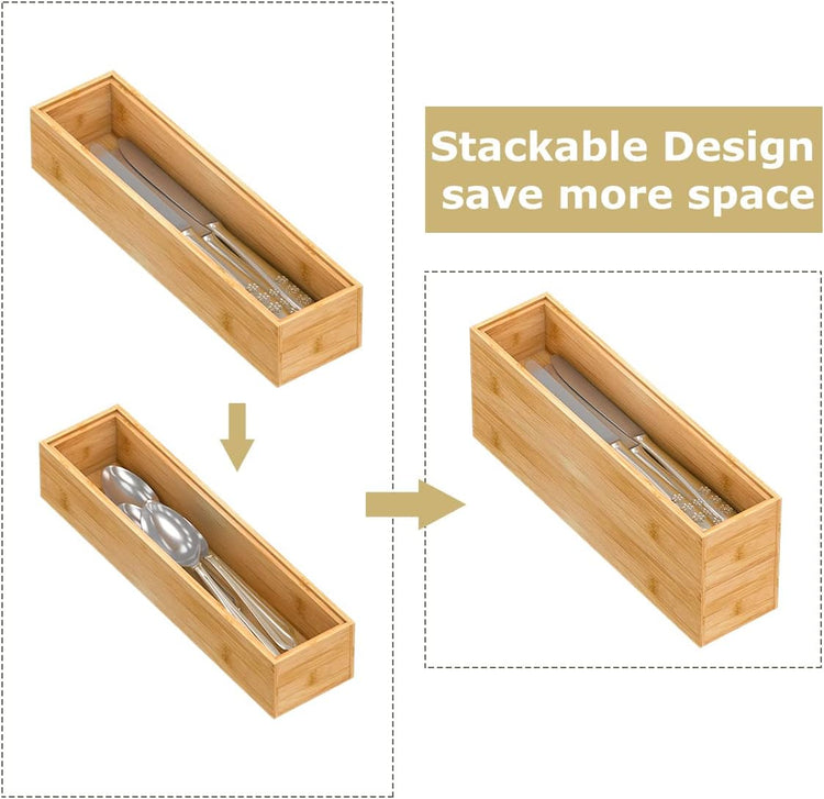Bamboo Kitchen Drawer Organizer, Stackable Silverware Tray Utensil Organizer Cutlery Holder for Kitchen,Wooden Storage Box for Bathroom, Multi-Use Storage Bins Dividers for Office(12x3x2.5 inch)