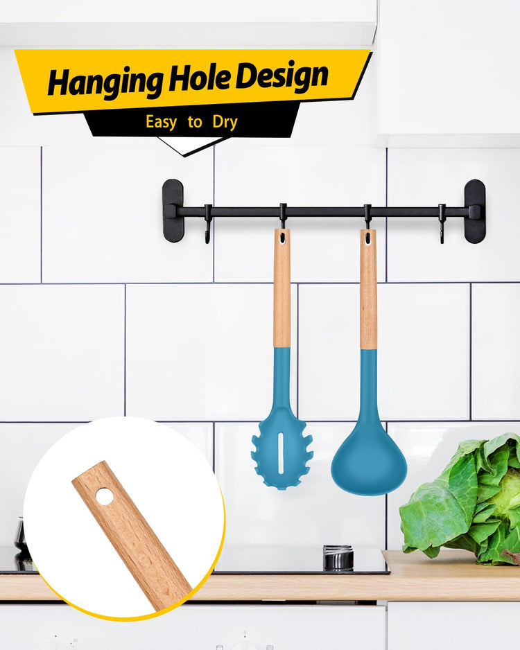 Silicone Pasta Fork and Ladle Spoon Set with Wooden Handle (2 Count)