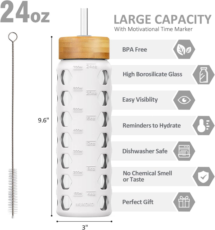 MUKOKO 24oz Glass Water Bottle with 2 Lids-Handle Flip Lid&Bamboo Straw Lid,Motivational Water Tumbler with Time Marker Reminder and Silicone Sleeve, Leakproof-White