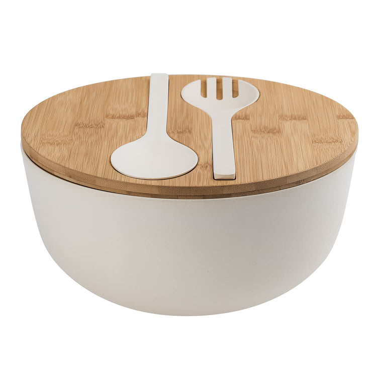 Bamboo Fiber Salad Bowl with Servers Set Large 9.8inches Nature Bamboo Mixing Bowl with Servers with Lid Spoon and Fork for Fruits