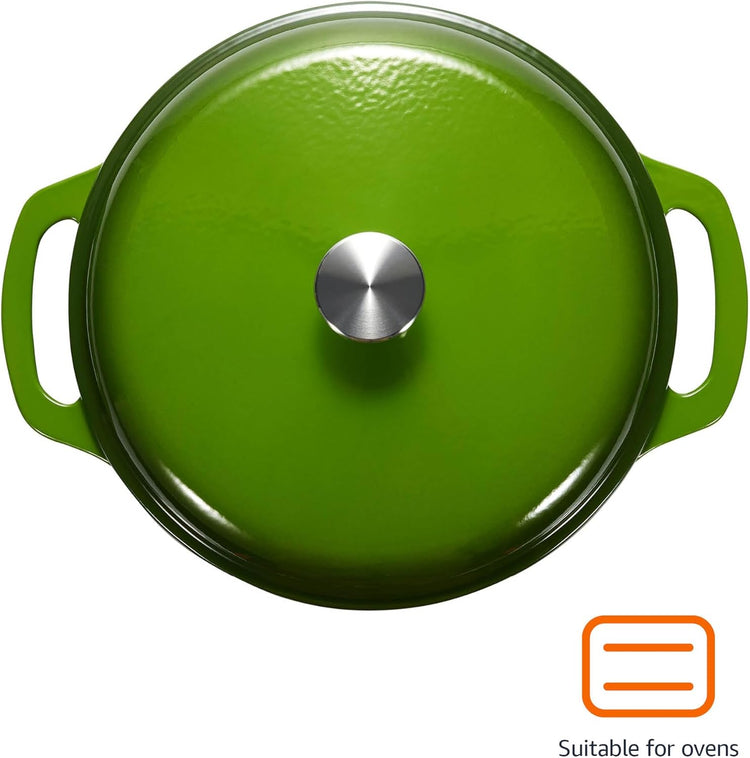Amazon Basics Cast Iron Dutch Oven Pot with Lid, Enameled, Round, Dual Handles, Heavy-Duty, Medium, 6-Quart, Green - Nestoria