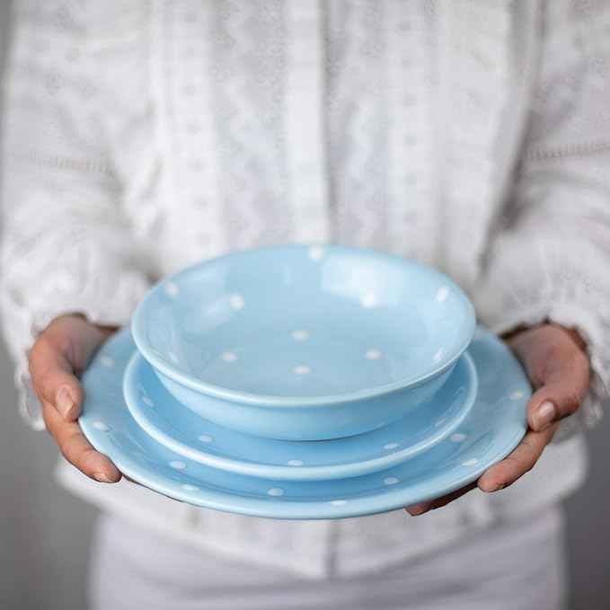 Handmade Light Sky Blue and White Polka Dot Ceramic 12 piece Dinnerware Set | Pottery Tableware Service for 4 | Dinner Plates | Side Plates | Bowls | Housewarming Gift by City to Cottage®
