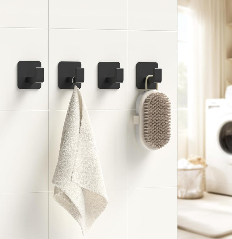 Square Self Adhesive Towel Hooks - 2 Pack Matte Black Metal Hooks, Right-Angle Design for Towels, Robes & Hats, Organize Bathroom, Kitchen, Entryway, Doors, Cabinets on Smooth Surfaces