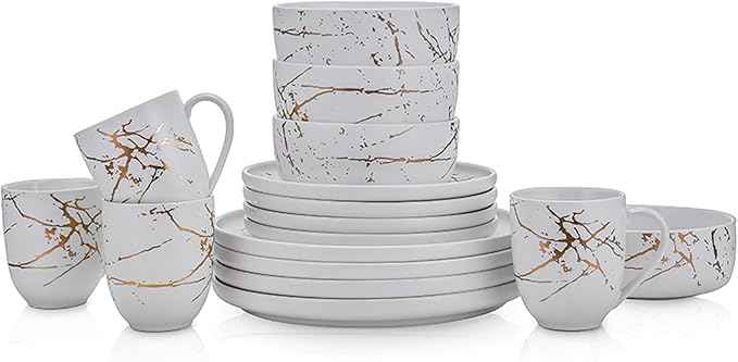 Stone Lain Porcelain 16 Piece Dinnerware set, 4 Full White Gold Splash Sets