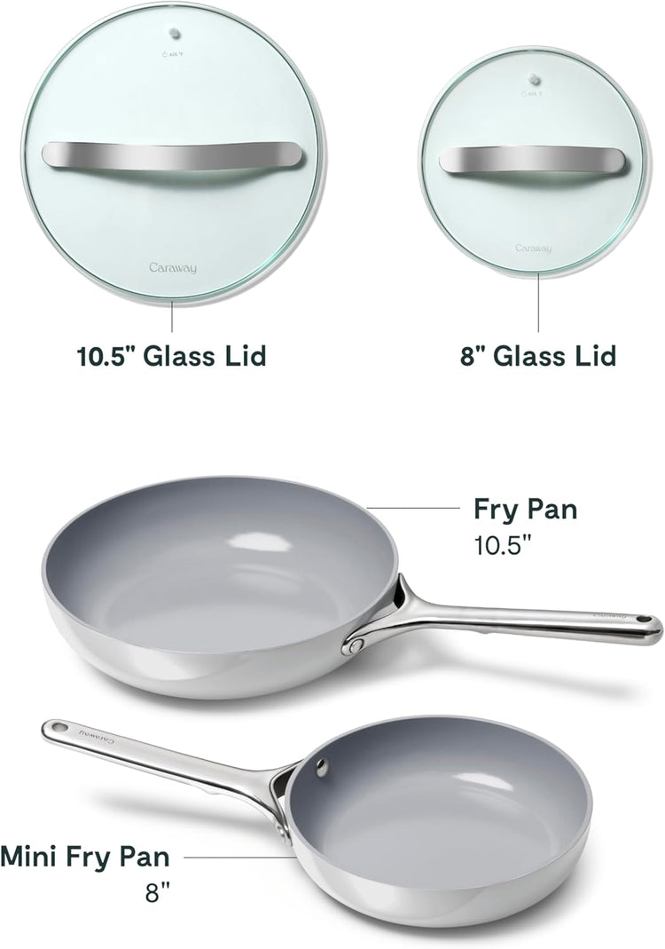 Caraway Ceramic Fry Pan Duo with Glass Lids - Non-Stick Frying Pans (10.5” & 8”) - Non Toxic, PTFE & PFOA Free - Oven Safe & Compatible with All Stovetops – Gray