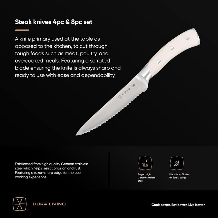 4-Piece Serrated Kitchen Steak Knife Set – Forged High Carbon Stainless Steel, Ultra Sharp, Ergonomic Black Handles, Durable Dinner Knives, Cream Handle
