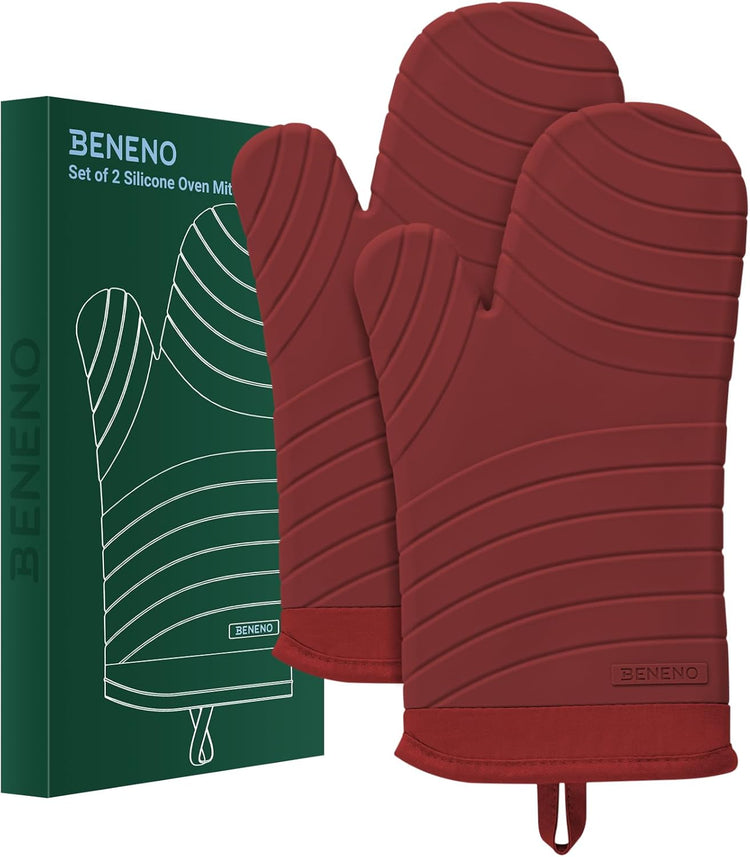 Beneno BPA-Free Silicone Oven Mitts, Heat Resistant Waterproof Oven Mitts with Non-Slip Textured Grip, Comfortable Quilted Lining, Kitchen Pot Holders for Cooking, Baking, Grilling, 7"x13", 2Pcs Red
