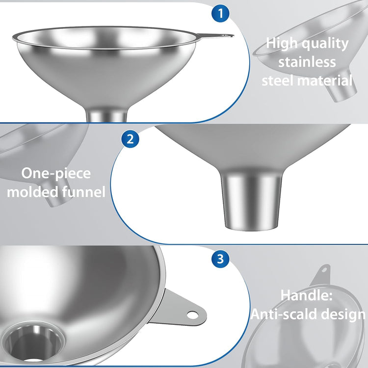 Stainless Steel Funnel with 30 Mesh Filter Food Grade Metal Funnel for Kitchen, Liquids, Oil, Powder, Wide Mouth Bottles, Home Brewing