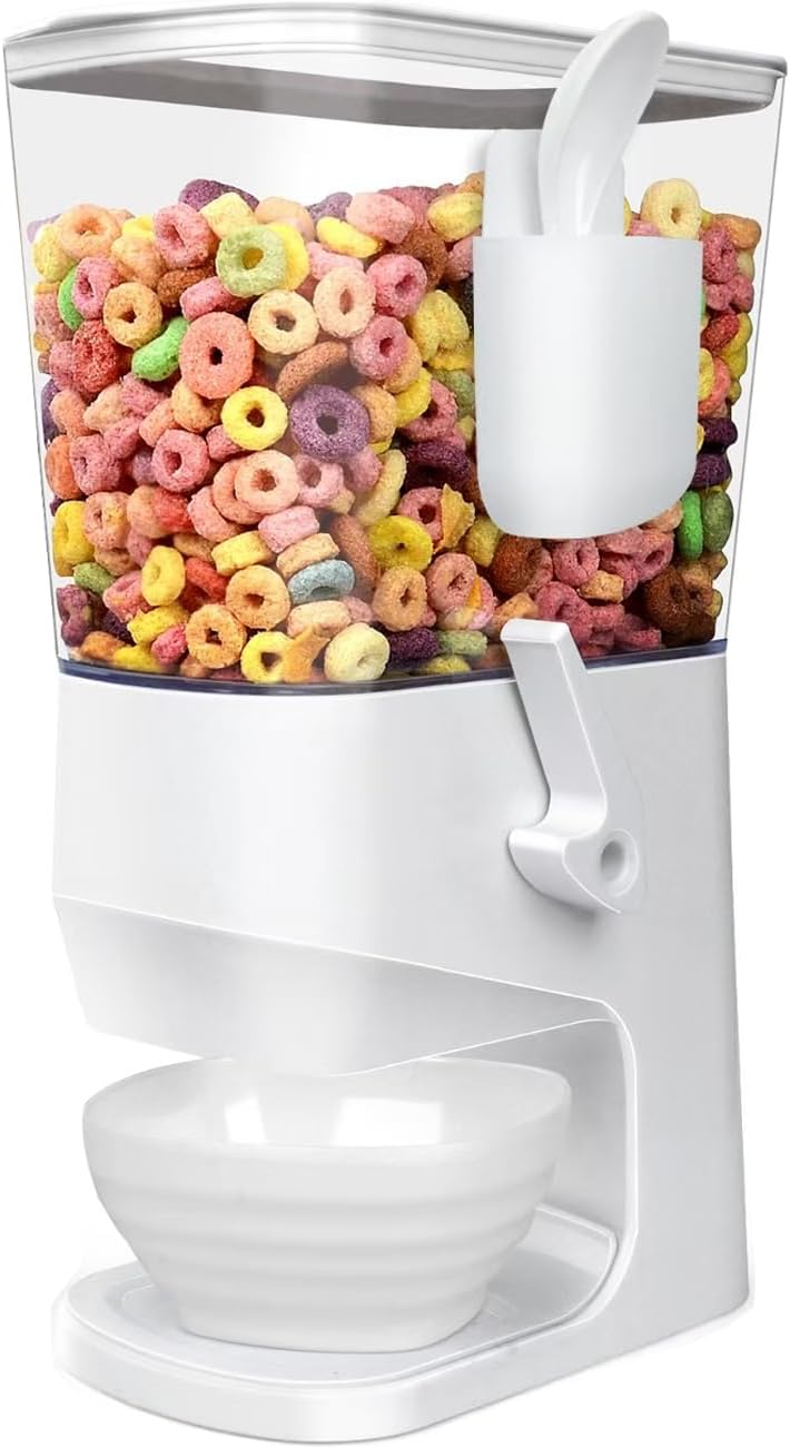 Cereal Dispenser Countertop With Bowls and Spoons Cereal Containers Storage for Pantry Snack Organizer Dry Food Storage Container with Lid for Kitchen Organization Oatmeal Nut Granola(1pcs White)