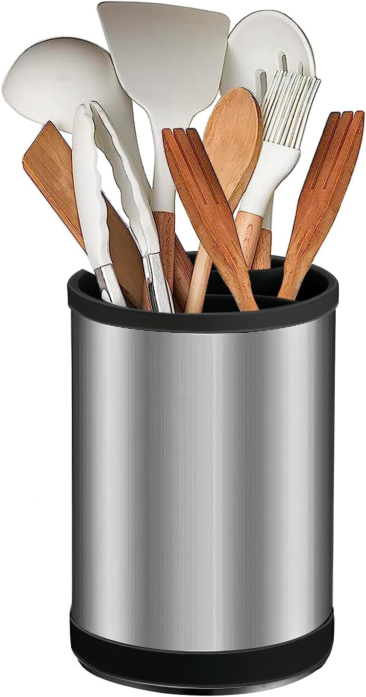 Kitchen Utensil Holder for Countertop, 360°Rotating Cooking Utensil Crocks,4 Compartment Stainless Steel Utensil Holder,6.7”Large Utensil Crock Spoon Fork Knife Holder For Kitchen Counter
