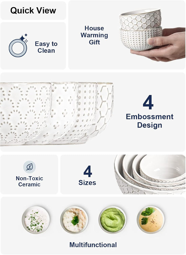 LE TAUCI Small Bowls 7 OZ, Ceramic Embossment Stoneware Bowl for Dipping, Side Dish, Sauce, Appetizer, Dessert, Sushi, Suit For House-warming - 3.5 inch, Set of 4, Arctic white