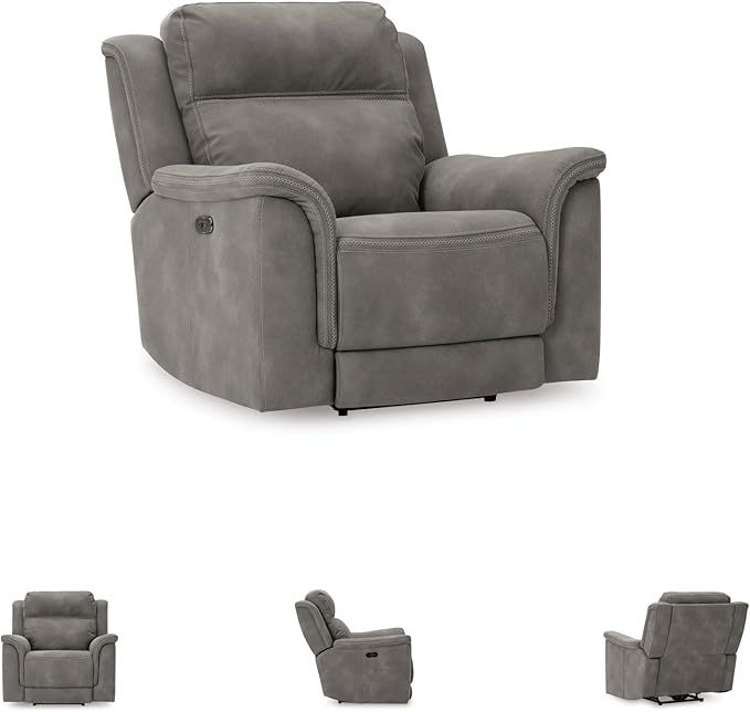 Signature Design by Ashley Contemporary Next-Gen DuraPella Power Recliner with Adjustable Headrest, One-Touch Control, Water Repellent Faux Leather, Gray